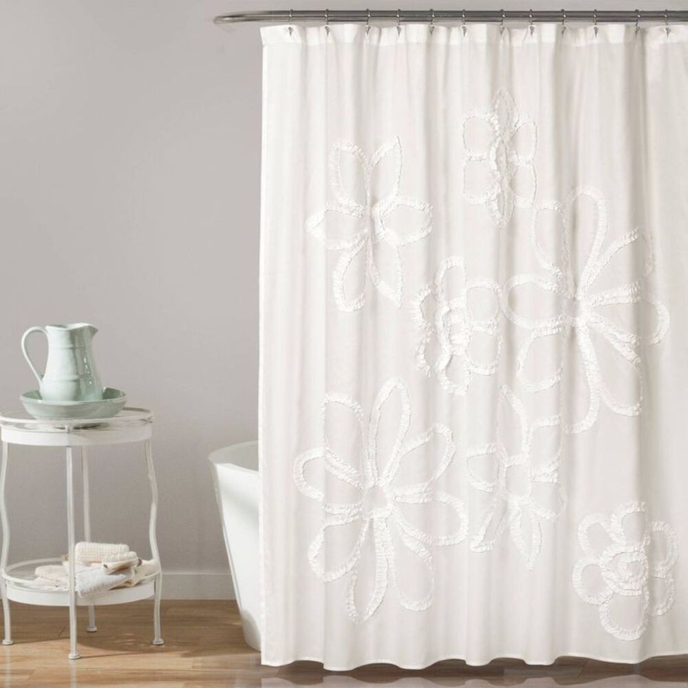 Single Ruffle Flower Botanical Shower Curtain White - Lush Décor